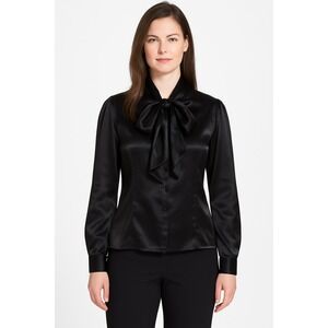 Oscar de la‎ Renta Expressions Blouse CEO Bow Neck Black Women's 10 Satin